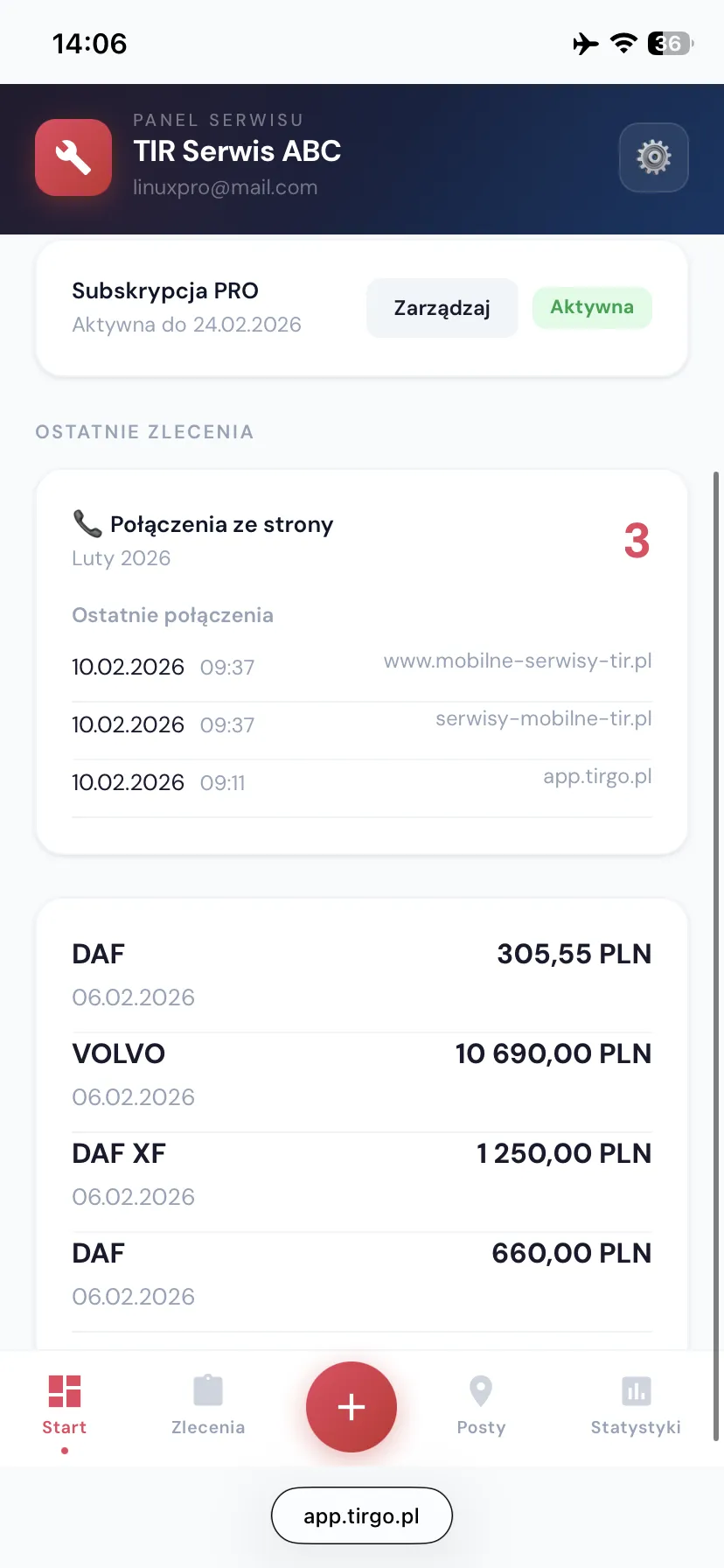Panel główny TIRgo